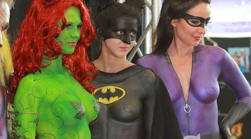 Three hotties - bat woman, cat woman and poison Ivy body painted suits - Wild Wednesday